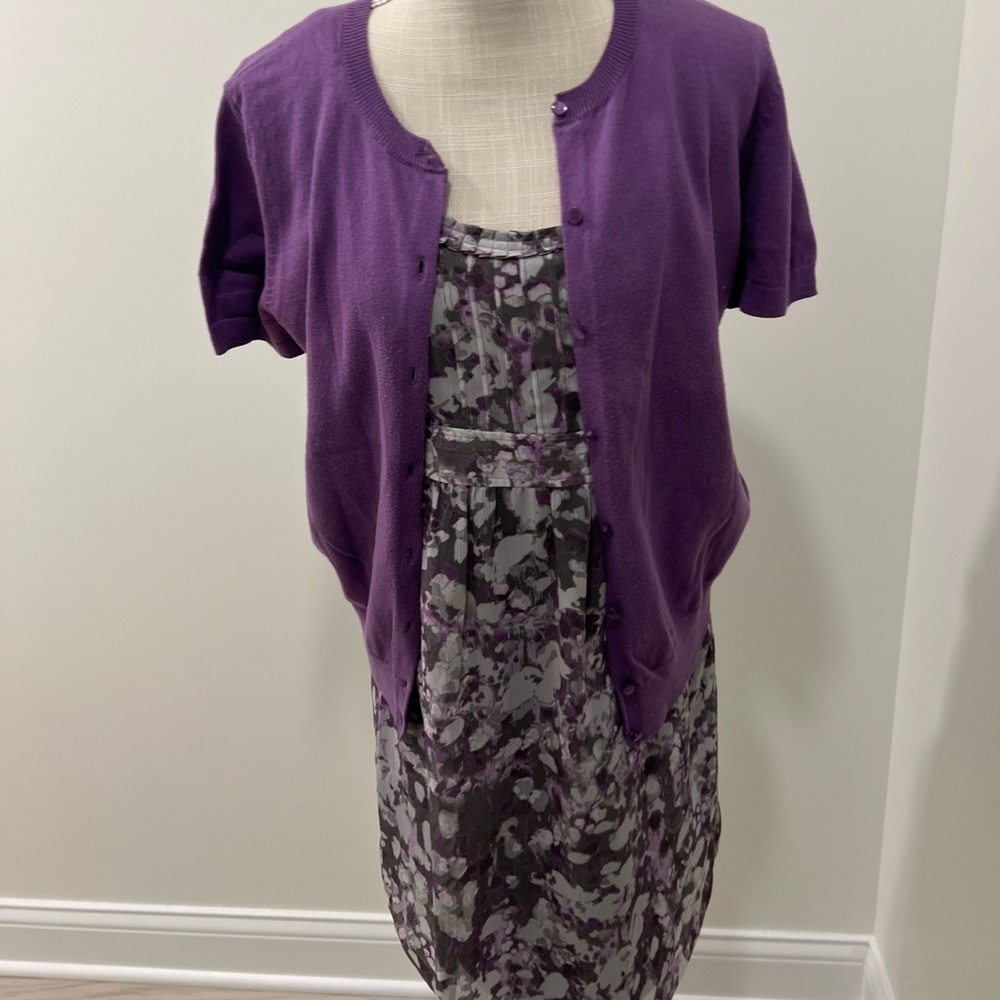 Loft petite 8 purple floral dress w/matching short sleeve cardigan medium
